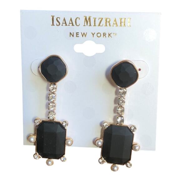 Isaac Mizrahi NWT Gold Plated Faux Pearl Shiny Stones Black Stones Earrings - Picture 2 of 10